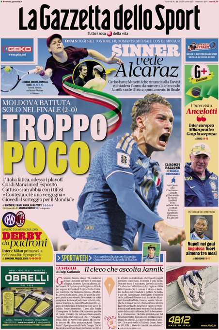 Front Page La Gazzetta dello Sport, Friday, 14 November 2025