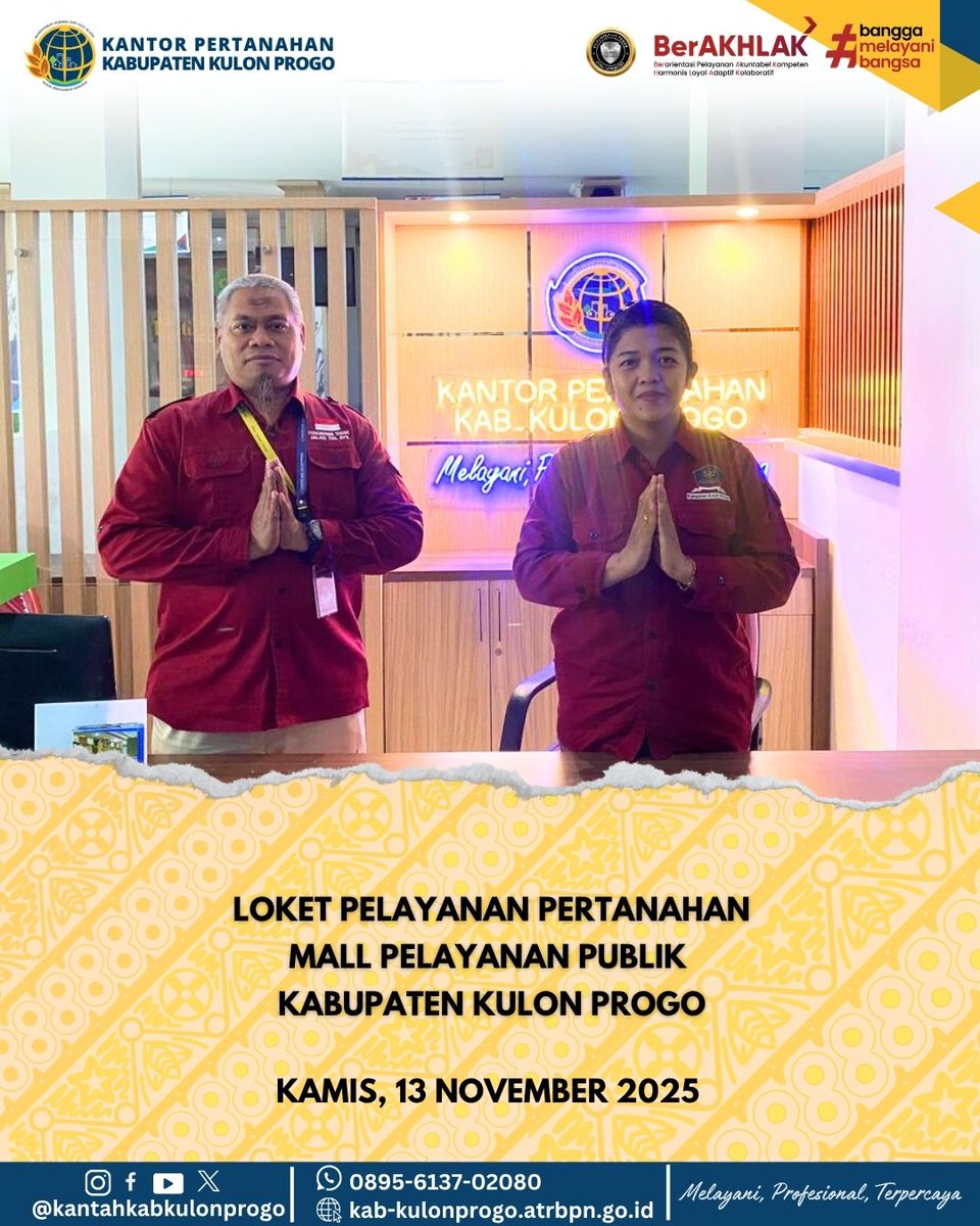 atr_bpnkprogo's tweet image. Hallo, #SobatATRBPNKulonProgo

Kami hadir lebih dekat untuk mempermudah pelayanan pertanahan bagi masyarakat! 🤝

Untuk memaksimalkan pelayanan bisa terjangkau oleh masyarakat, Kantor Pertanahan Kabupaten Kulon Progo buka kembali Mal Pelayanan Publik setiap Hari Senin dan Kamis.