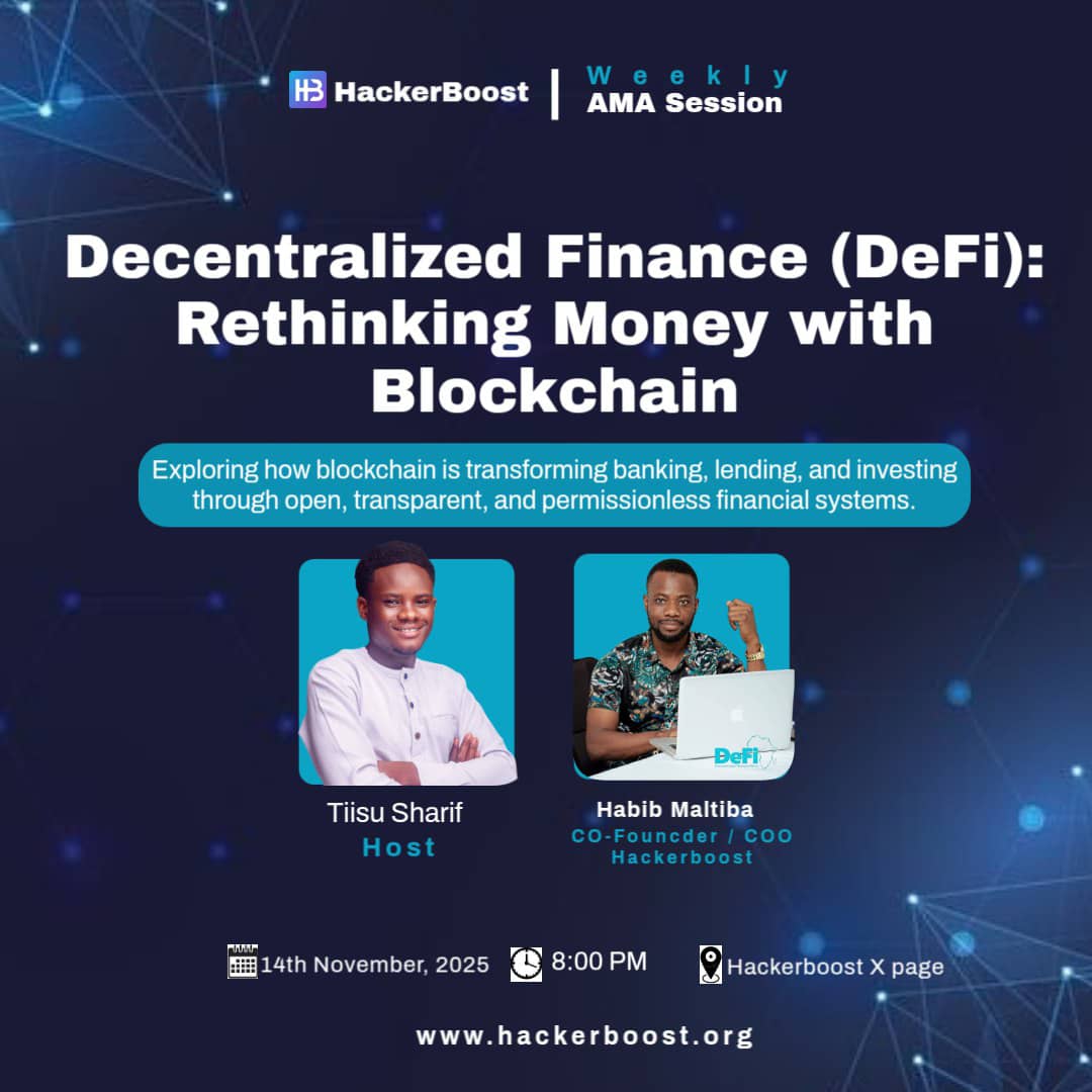 HackerBoostX's tweet image. We’re live tonight at 8 PM for another HackerBoost AMA.
Tonight we’re discussing  DeFi and how blockchain is transforming banking, lending and financial systems.
Host:
@Tiisu_Sharif

Speaker:
@MaltibaGH
Space Link:
 x.com/i/spaces/1yNGa…

#Web3 #Blockchain #DeFi #HackerBoost