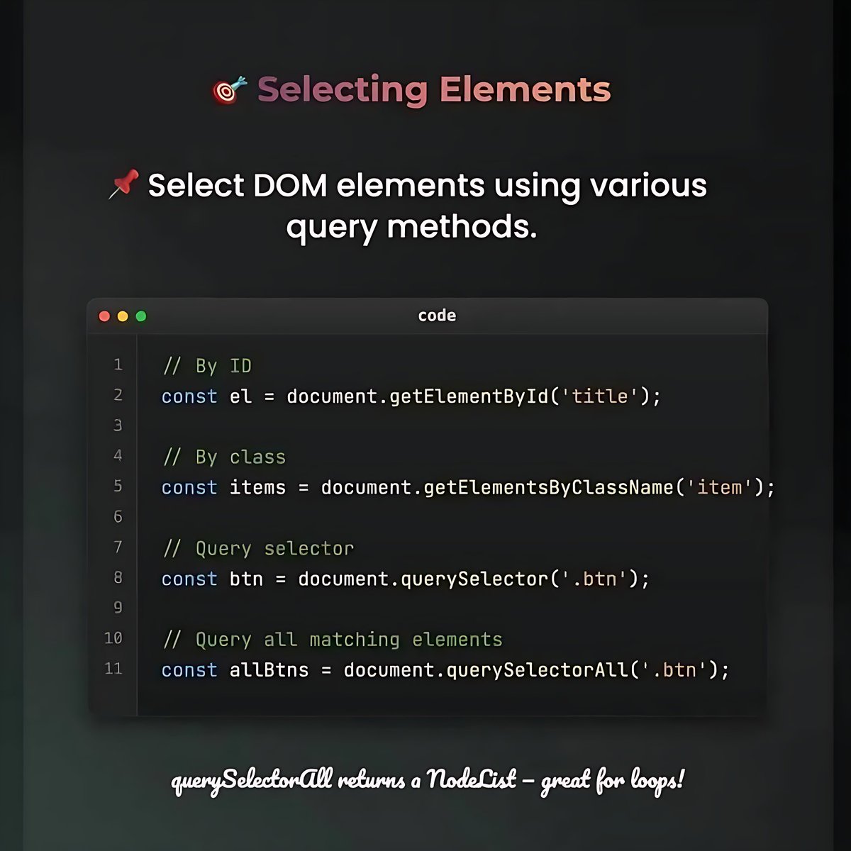 11xcoder's tweet image. JavaScript DOM Manipulation Cheatsheet 🧠
#javascript #dommanipulation #frontenddeveloper #webdevelopment #codinglife
