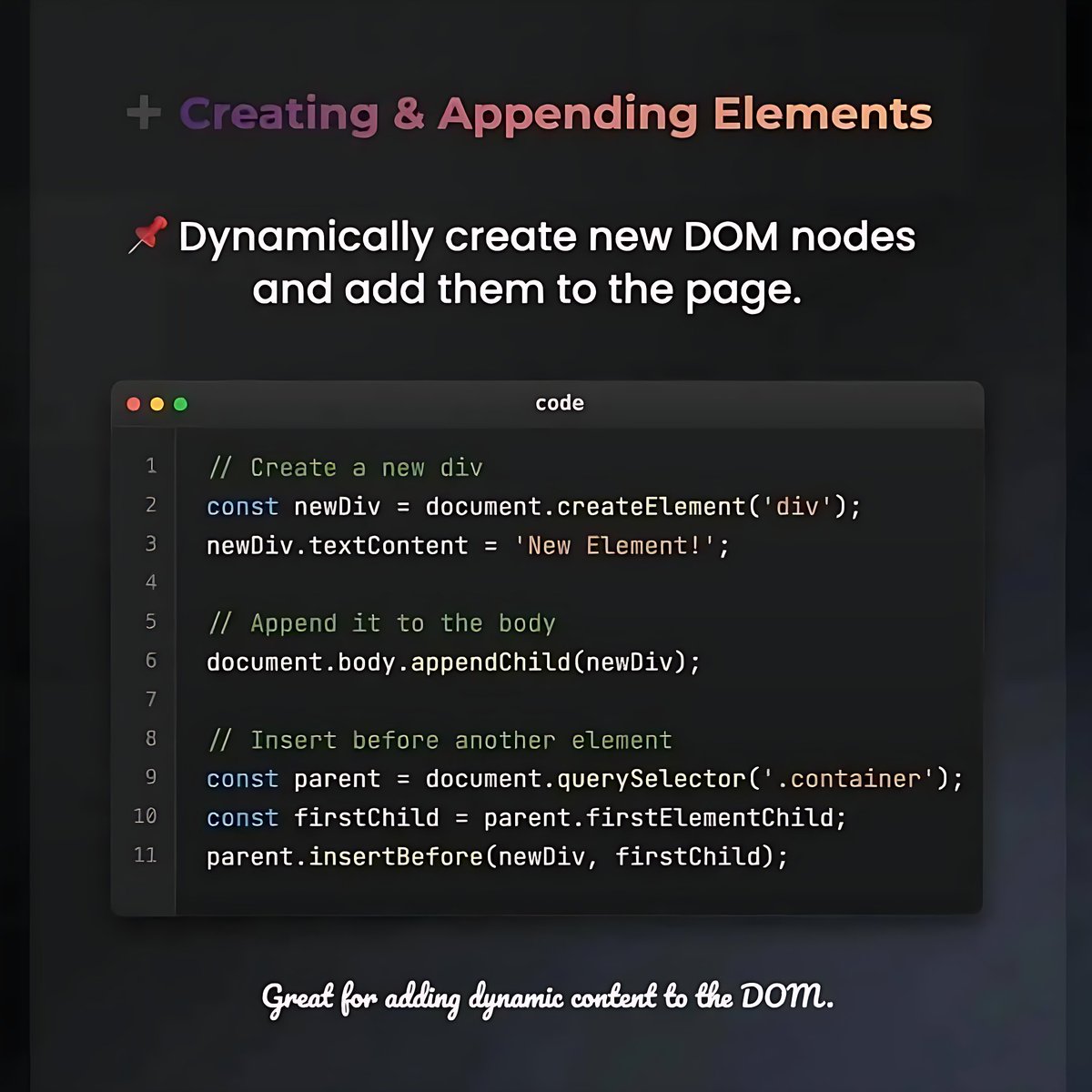 11xcoder's tweet image. JavaScript DOM Manipulation Cheatsheet 🧠
#javascript #dommanipulation #frontenddeveloper #webdevelopment #codinglife