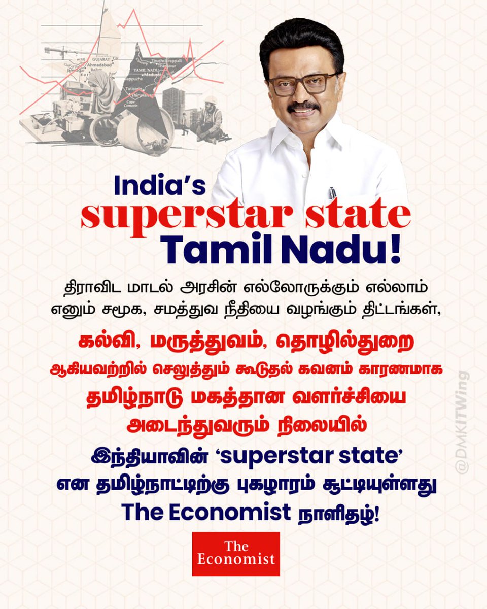 India’s superstar state - Tamil Nadu!

திராவிட மாடல் அரசின் எல்லோருக்கும் எல்லாம் எனும் சமூக, சமத்துவ நீதியை வழங்கும் திட்டங்கள், கல்வி, மருத்துவம்,  தொழில்துறை ஆகியவற்றில் செலுத்தும் கூடுதல் கவனம்  காரணமாக தமிழ்நாடு மகத்தான வளர்ச்சியை அடைந்துவரும் நிலையில் இந்தியாவின் ‘superstar