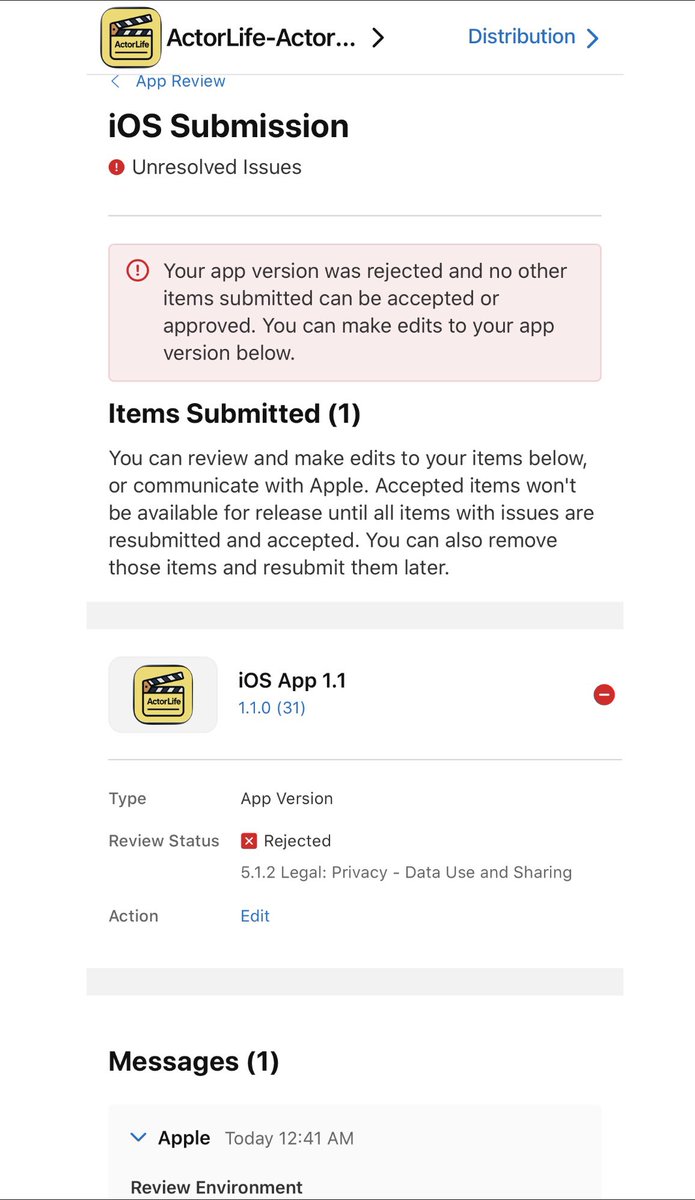 ActorLifeApp's tweet image. Got this about an hour ago. I’ve had three successful submissions and this is the first time I got this. I’m working with Apple to get this fixed by today or tomorrow. So expect sometime on the 15th. Will update if anything goes bad.