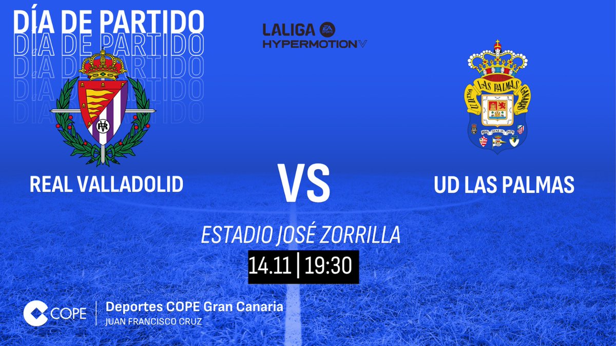 🟡🔵 ¡Este viernes hay fútbol!

⚽ <a href="/realvalladolid/">Real Valladolid C.F.</a>
⚽ <a href="/UDLP_Oficial/">UD Las Palmas</a>

🕒19.30 horas en <a href="/CopeCanarias/">COPE Canarias</a>  
  
🎙️<a href="/juanfrancruzcar/">Juan Francisco Cruz</a>
🎙️<a href="/DoramasRguez/">Doramas Rodríguez</a>
 
🎤 <a href="/javi_sanchez_p/">javi sanchez</a>
🎤 <a href="/tiferanvalido/">tiferan valido barri</a>
🎤 <a href="/JosemiAlamo/">José Miguel Álamo</a>

📻103.0 102.9 (sur) 98.3 (Lanz)
💻 cope.es/emisoras/canar…