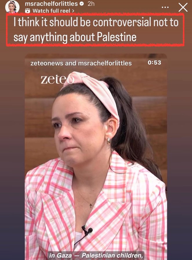 A woman with brown hair tied back wearing a pink headband and a light blue checkered blouse sits in front of a microphone during an interview. Overlaid text reads I think it should be controversial not to say anything about Palestine. Additional text at the bottom mentions zeteonews and Ms Rachel full reel. The image includes Instagram watermarks from Ms Rachel full reel.