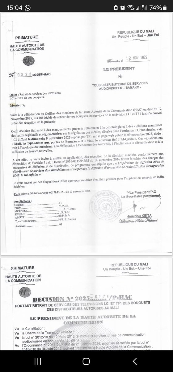 nicolabertran's tweet photo. Les autorités du #Mali viennent d’interdire la diffusion de @TF1 et @LCI dans le pays, suite à une émission qui ne leur a pas plu. C’est plus facile avec l’ORTM qui diffuse la propagande de la junte en boucle. Si tu n’aimes pas le message… tire sur le messager. https://t.co/DRG6XBrHD3