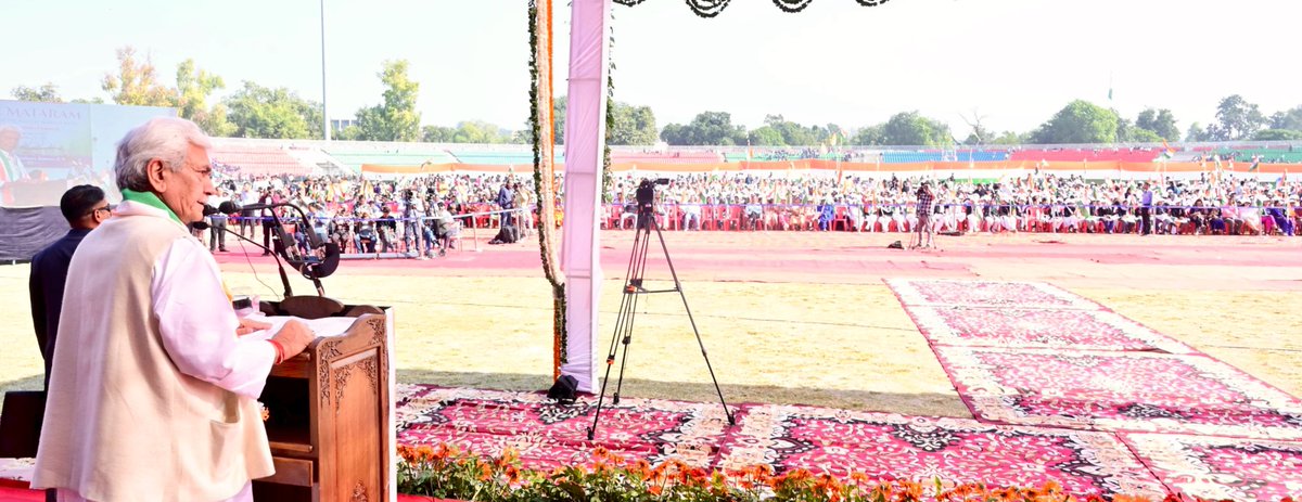 OfficeOfLGJandK's tweet photo. Attended valedictory function of 1st phase of 150th year commemoration of 'Vande Mataram'. I'm proud that J&amp;K has secured 1st rank nationally in overall participation. Today, more than 20,000 students &amp; citizens participated in showing a strong indication of national pride. https://t.co/kh1R33yrlp