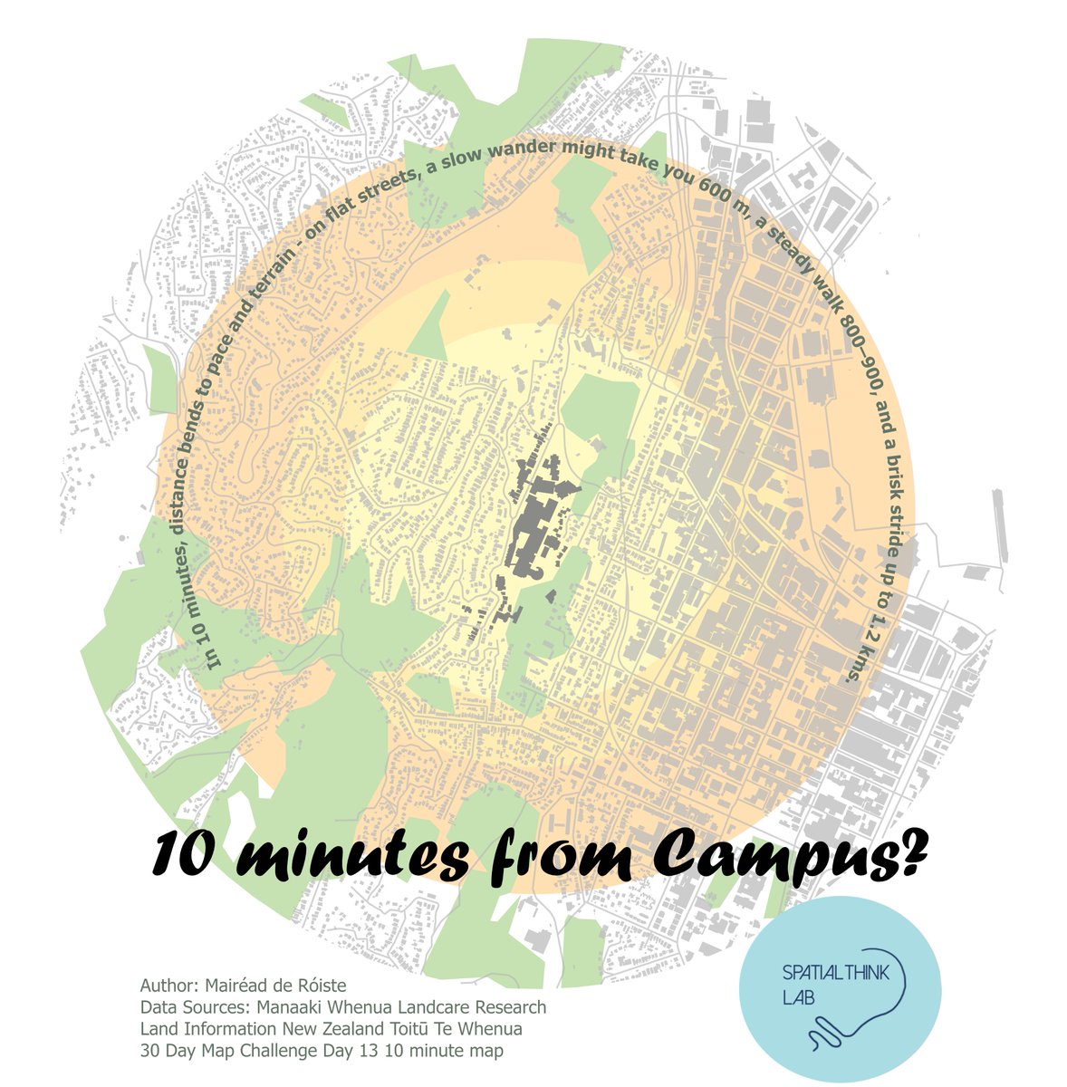 spatialthinklab's tweet image. #30dayMapChallenge Day 13 10 minute map: 10 minutes from campus?

In 10 minutes, distance bends to pace and terrain - on flat streets, a slow wander might take you 600 m, a steady walk 800–900, and a brisk stride up to 1.2 kms. But Wellington isn't flat...