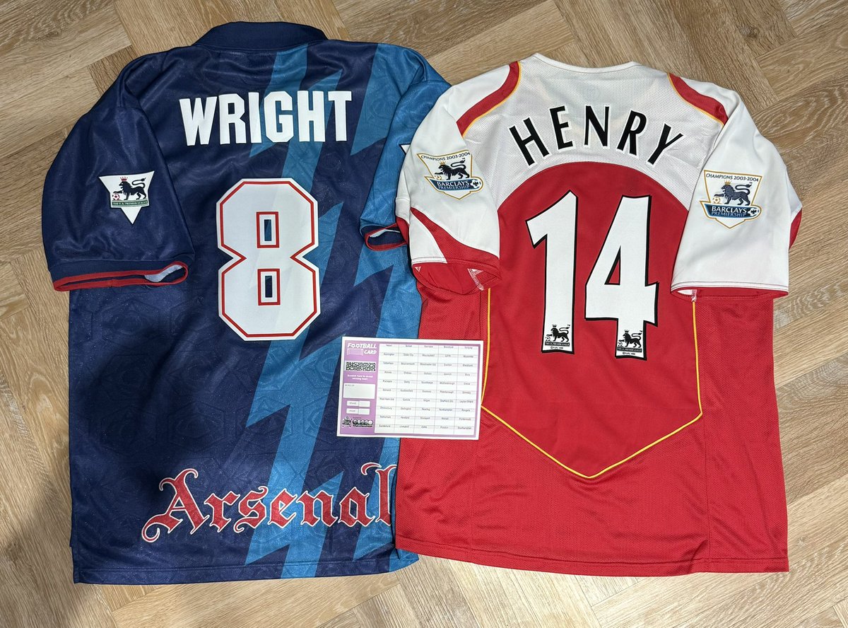 PlugThefootball's tweet photo. 🎟️ RAFFLE 🎟️

⚡️Arsenal 1995/96 Away Shirt – Size XLarge – Wright

Or 

🔴Arsenal  2004/05 Home Shirt – Size Large – Henry + £50 transferred to your bank!🏦

Both Shirts almost mint condition! 

📩 DM to enter
💷 £3.50 per entry https://t.co/eB8Y86D2Xm