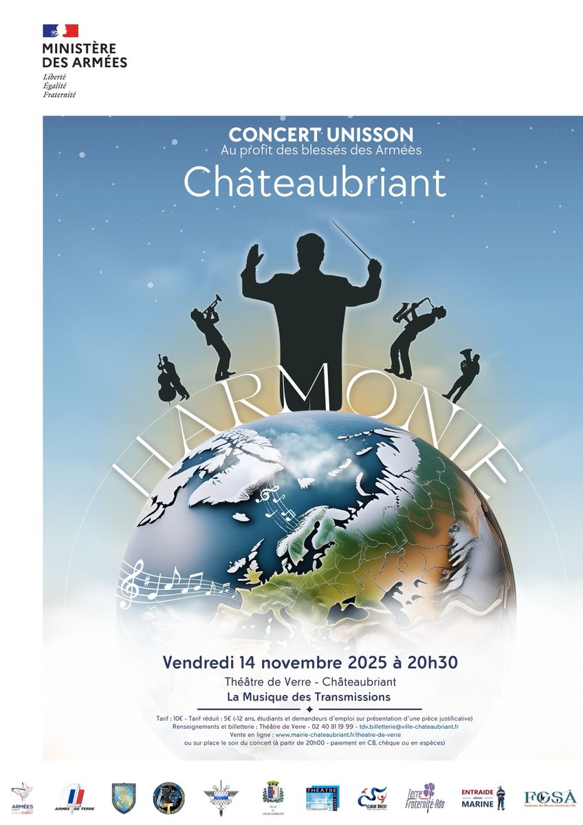 armeeszoneouest's tweet image. Le concert #UNISSON de Châteaubriant c'est ce soir!
✔️Si vous n'avez pas encore pris votre place, rendez-vous vite sur la billetterie du Théâtre de Verre : 
mairie-chateaubriant.fr/theatre-de-ver…
...ou sur place, pour les retardataires, à partir de 20h00 😉
👇