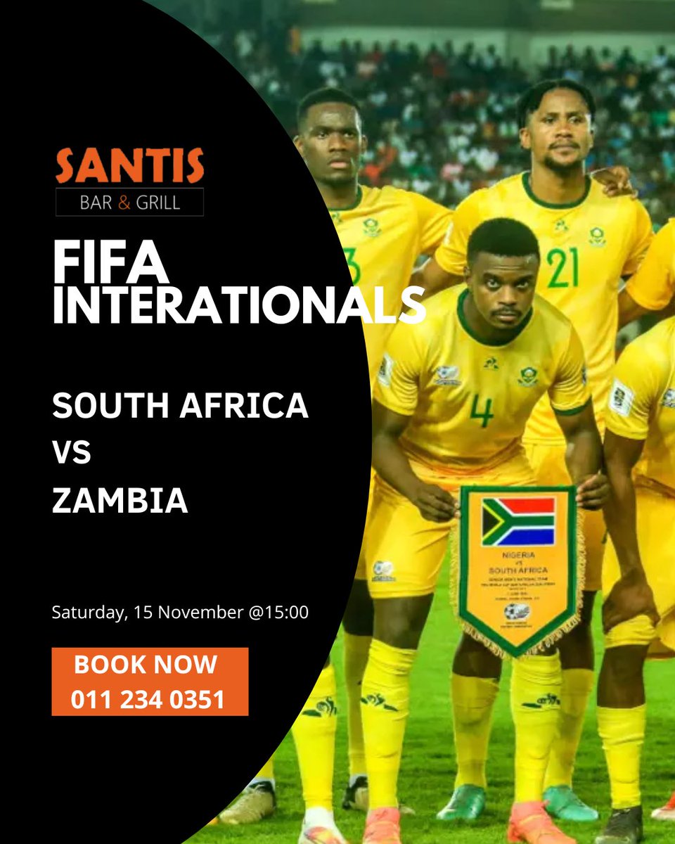 SantisBarGrill's tweet image. ⚽🇿🇦South Africa vs Zambia🇿🇲

Saturday 15 Nov @ 15:00 — Bafana Bafana time! 🇿🇦 Catch South Africa vs Zambia live at Santis 📺 while enjoying ice-cold draughts🍺 and delicious plates 🍖!

📍Bookings essential – call 📞 011 234 0351

#SantisBarAndGrill #webchanges #santiswebchanges