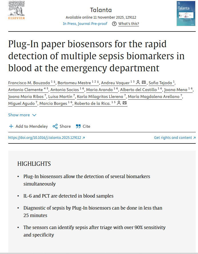 MSepsisGroup's tweet photo. 📢Revolucionando el diagnóstico de sepsis en Urgencias.
Plug-In paper biosensors: detección rápida de PCT e IL-6 en <25 min, con >90% de precisión en triaje.

DOI: 10.1016/j.talanta.2025.129112

https://t.co/Ptu56rFP4n

#Sepsis #Diagnostico #PointofCare #Emergencias #innovacion https://t.co/N9y0FHlcEK