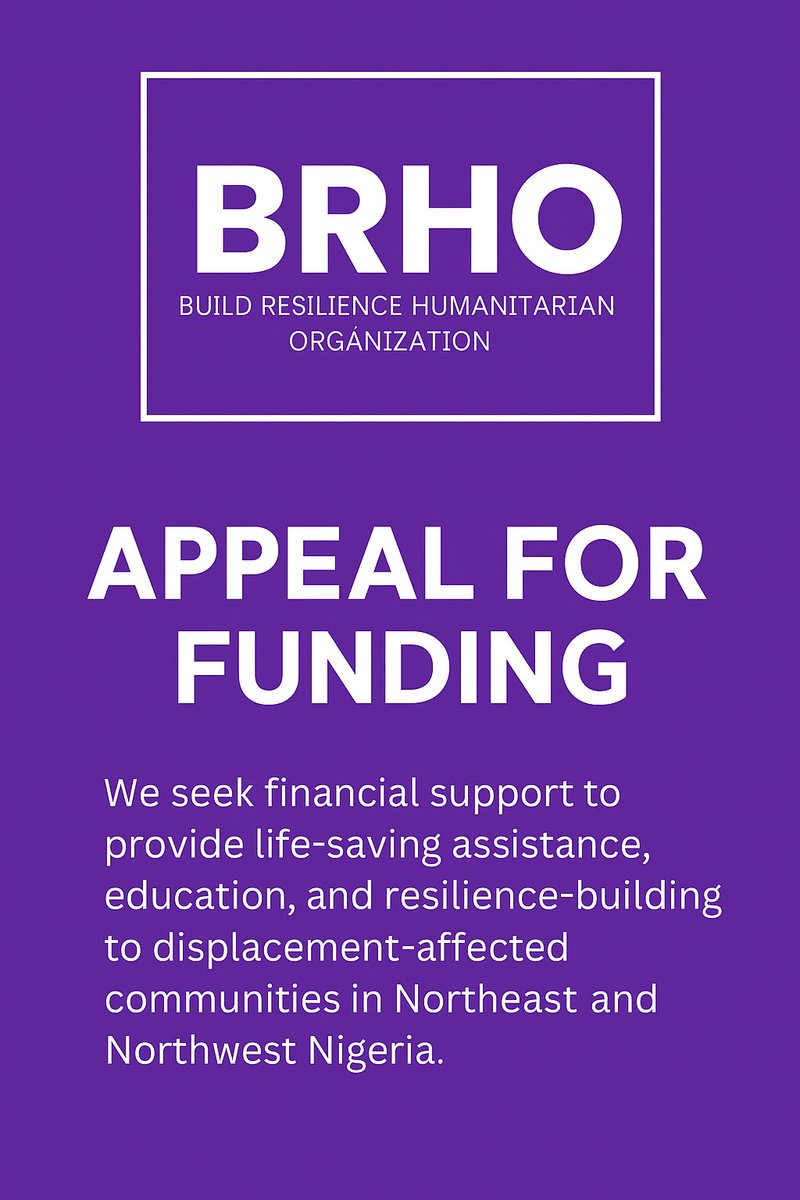 💜 BRHO Appeals for Support

Displacement in Northeast &amp; Northwest Nigeria continues to rise, but so does our commitment to protect, educate, and empower affected families.

Your support can save lives and restore hope.

💜 Join us. Stand with displaced communities.
#BRHO
