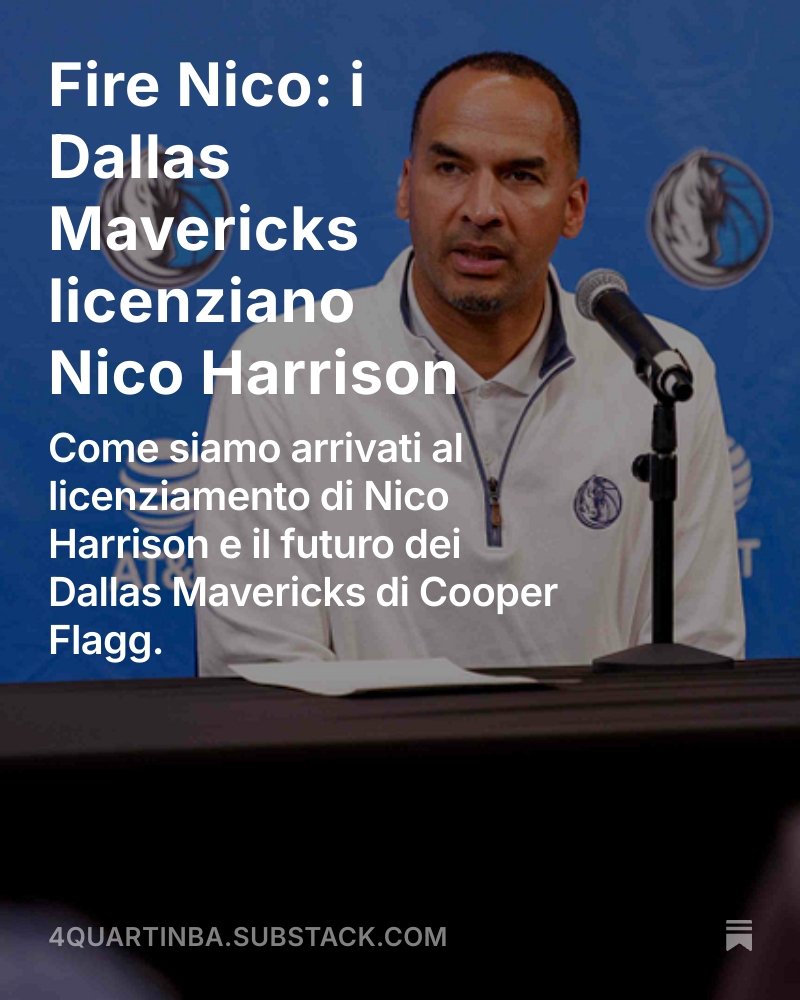 🚨Nuova Newsletter di <a href="/4QuartiNba/">Quattro Quarti - L'NBA in 48 minuti</a> Online: 4quartinba.substack.com/p/dallas-maver…

Il licenziamento di Nico Harrison, la notizia della settimana, e il futuro dei Dallas Mavericks tra Mercato #NBA e Cooper Flagg.