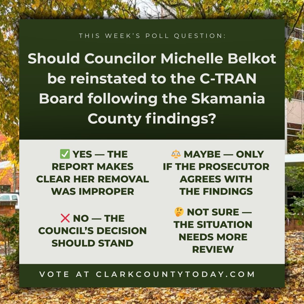 NewsFromCCT's tweet image. POLL: Should Councilor Michelle Belkot be reinstated to the C-TRAN Board after a Skamania County report found rule violations in her removal? clarkcountytoday.com/opinion/poll-s… #Poll #ClarkCounty #CTRAN