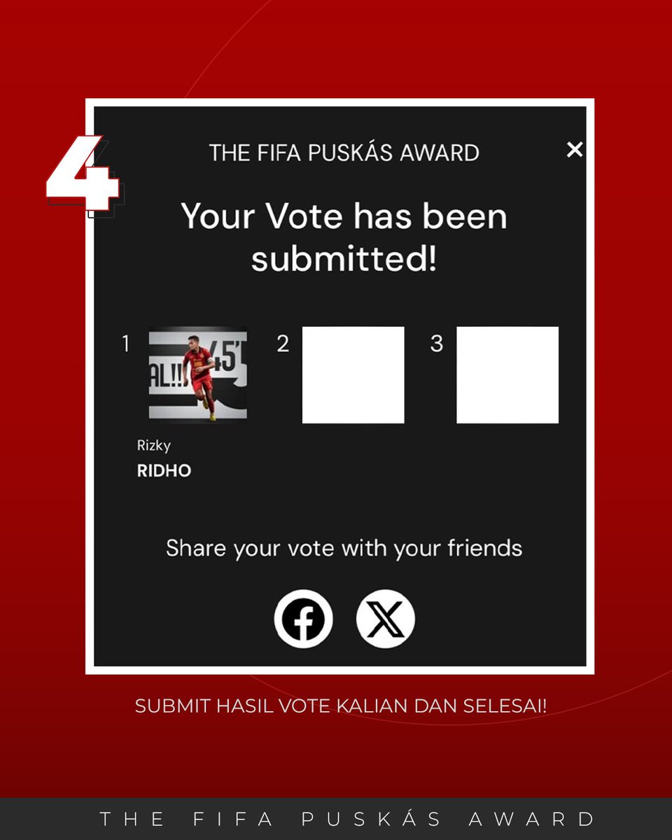 Persija_Jkt's tweet image. Ayo dukung Gol Rizky Ridho di The FIFA Puskás Award 2025!

Ikuti langkah mudah ini:
1️⃣ Masuk ke FIFA.com dan lakukan sign in
2️⃣ Pilih menu VOTE – The FIFA Puskás Award
3️⃣ Scroll hingga menemukan Gol Rizky Ridho, lalu pilih “1st”
4️⃣ Klik Submit dan vote kamu sudah…
