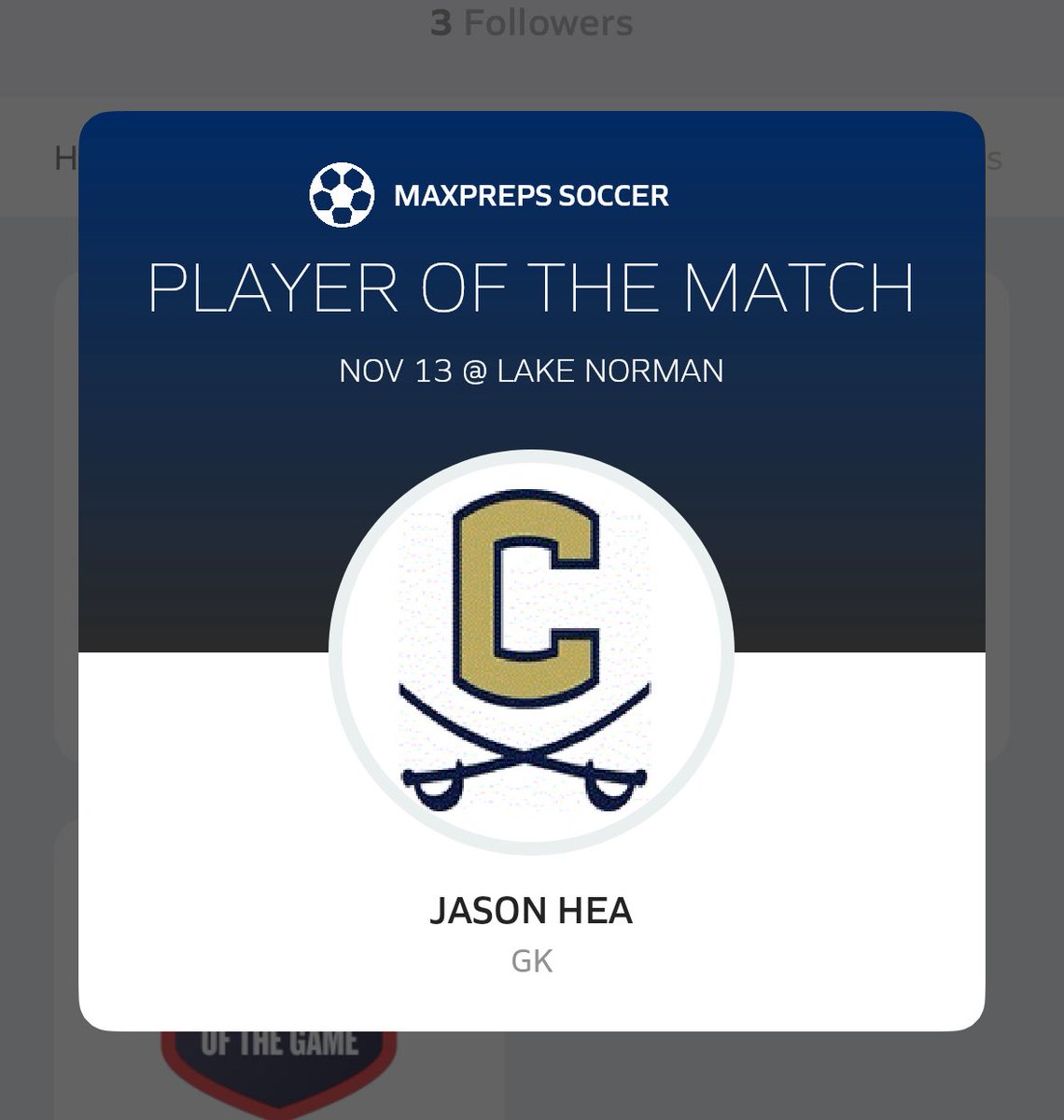 JasonHea73's tweet photo. Big Win tonight over Lake Norman in the Quarter Finals in the playoffs. I am honored to be chosen as the player of the match with 9 saves tonight. Let’s Go Cavs! #goalkeeper https://t.co/RQ7nbxsy4R