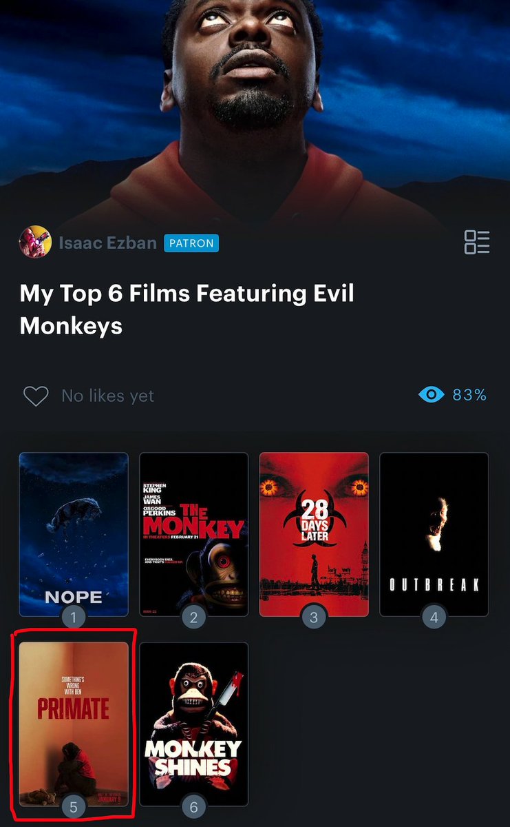 IsaacEzban's tweet image. Celebrating the upcoming release of #Primate (which I had the chance to see at the closing night of this years MORBIDO FILM FEST, a super fun gory ride), this week on #ListOfTheWeek # 289, MY TOP 6 FILMS ABOUT EVIL MONKEYS!!!

Are you excited about #Primate ? What do you think of