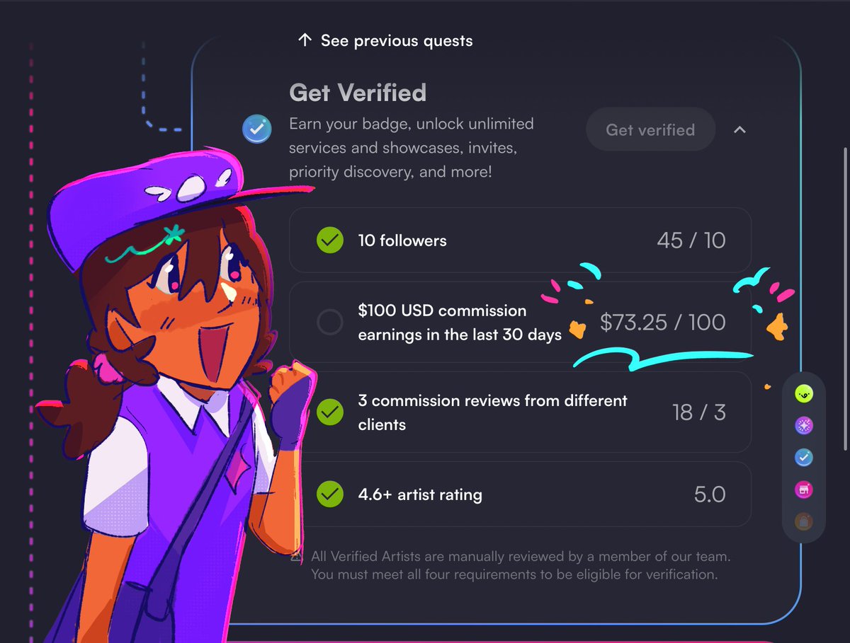 I’m close to being verified! Sale is still ongoing 
(Thank you to <a href="/Artistreccs/">ARTIST RECCS 🎨 アーティストプロモーション🖌</a> !)
#commissionsopen #VGenComm #ArtCommission