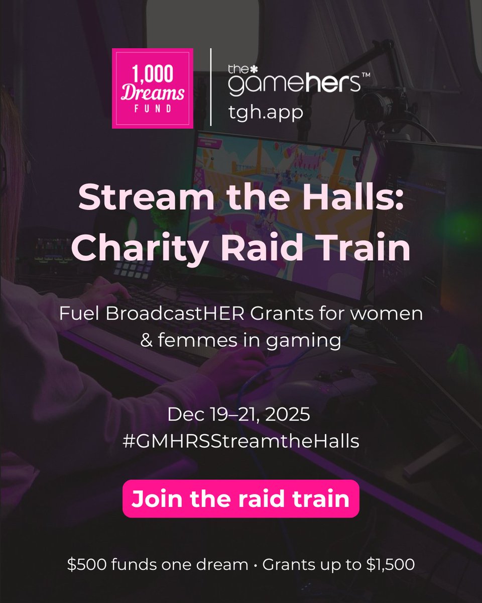 thegamehers's tweet image. 🎮🎁 Join us for #GMHRSStreamtheHalls! Dec 19–21, 2025, we’re raid-training to raise funds for BroadcastHER Grants supporting women/femmes in gaming with practical help like hardware upgrades, travel to conventions, and more. 

Tap to join: bit.ly/StreamSignups