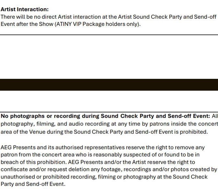 rwamantic's tweet photo. For US &amp; EU tour atinys were ALLOWED to take pics &amp; vids during SOUNDCHECK &amp; SENDOFF + ask for ateez’s SIGN.

If u’re going to call it “SEND OFF” then let it be the SAME send off experience for all stops.

ASIA &amp; AUS atiny have the rights for the same sendoff experience.
Thanks. https://t.co/hxk1kMlgPZ