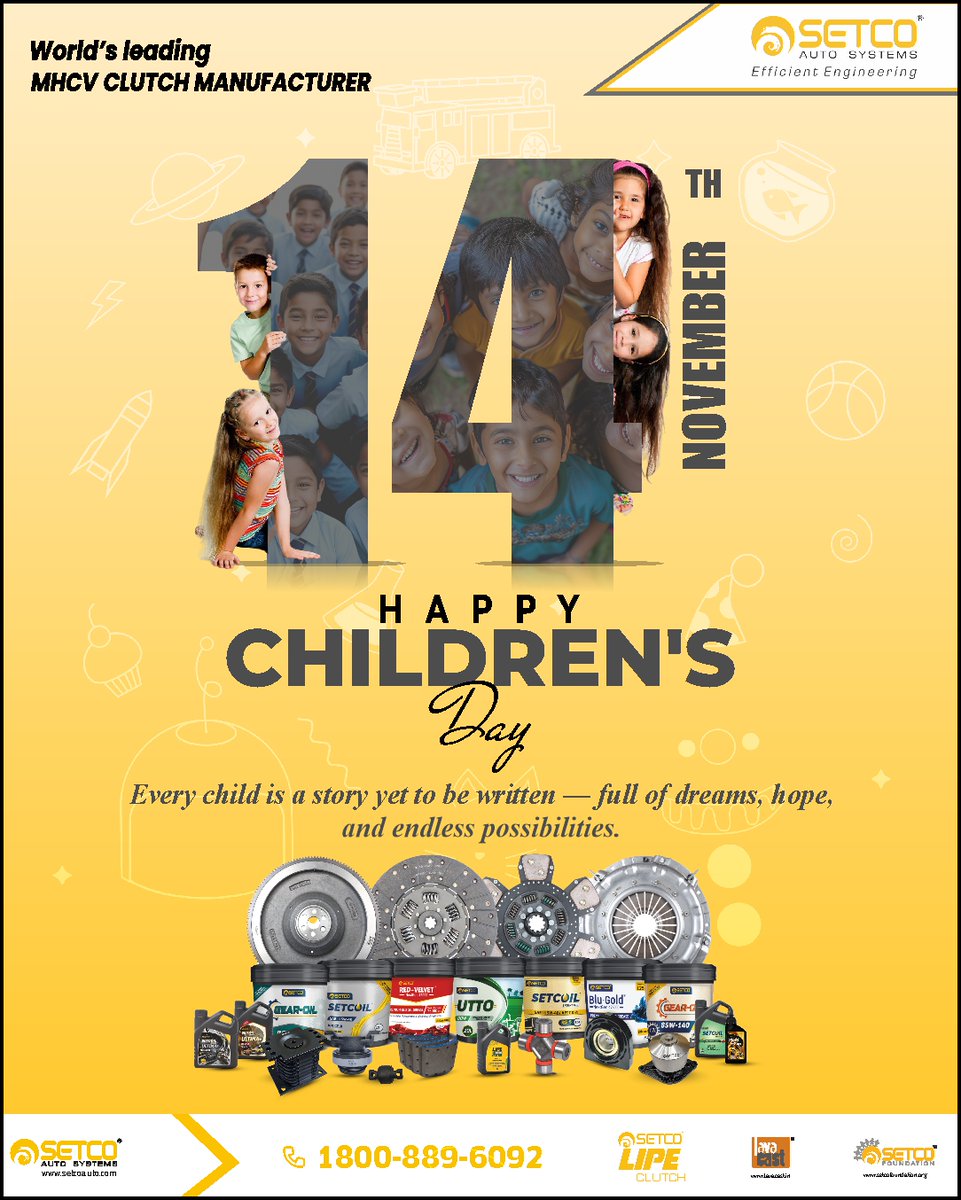 May the laughter and dreams of children continue to inspire us every day.
Wishing all the little stars a joyful and vibrant Children’s Day! 🌟💛

#SetcoAutoSystems #Leadersintruckparts #Clutchleaders #HappyChildrensDay