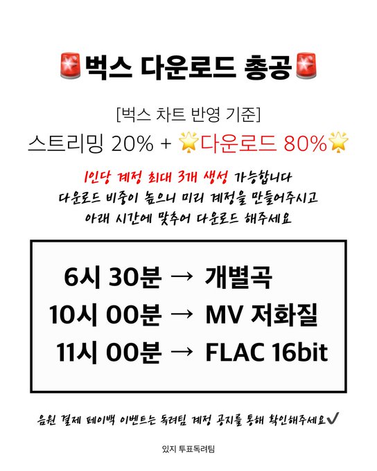 Rectangular graphic with red star logo at top left and Korean text announcing Bugs download total attack schedule changes. White background with black text detailing start times: 6:30 PM for individual country downloads, 10:00 PM for MV streaming, 11:00 PM for FLAC 16bit and 24bit files. Includes hashtags and reference to previous notice.