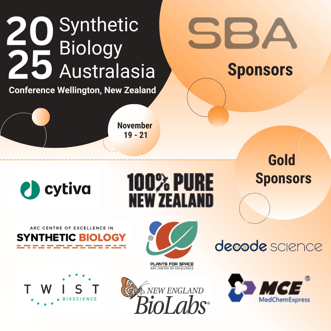 SynBioAusAsia's tweet image. Shoutout to our wonderful Gold sponsors for the SBA 2025 conference ✨🌟✨
Thank you so much for your partnership and support
@NEBiolabs @ARC_CoESB  @TwistBioscience @Cytiva @Decode_Science @plants4space @MedChemExpress  @PureNewZealand