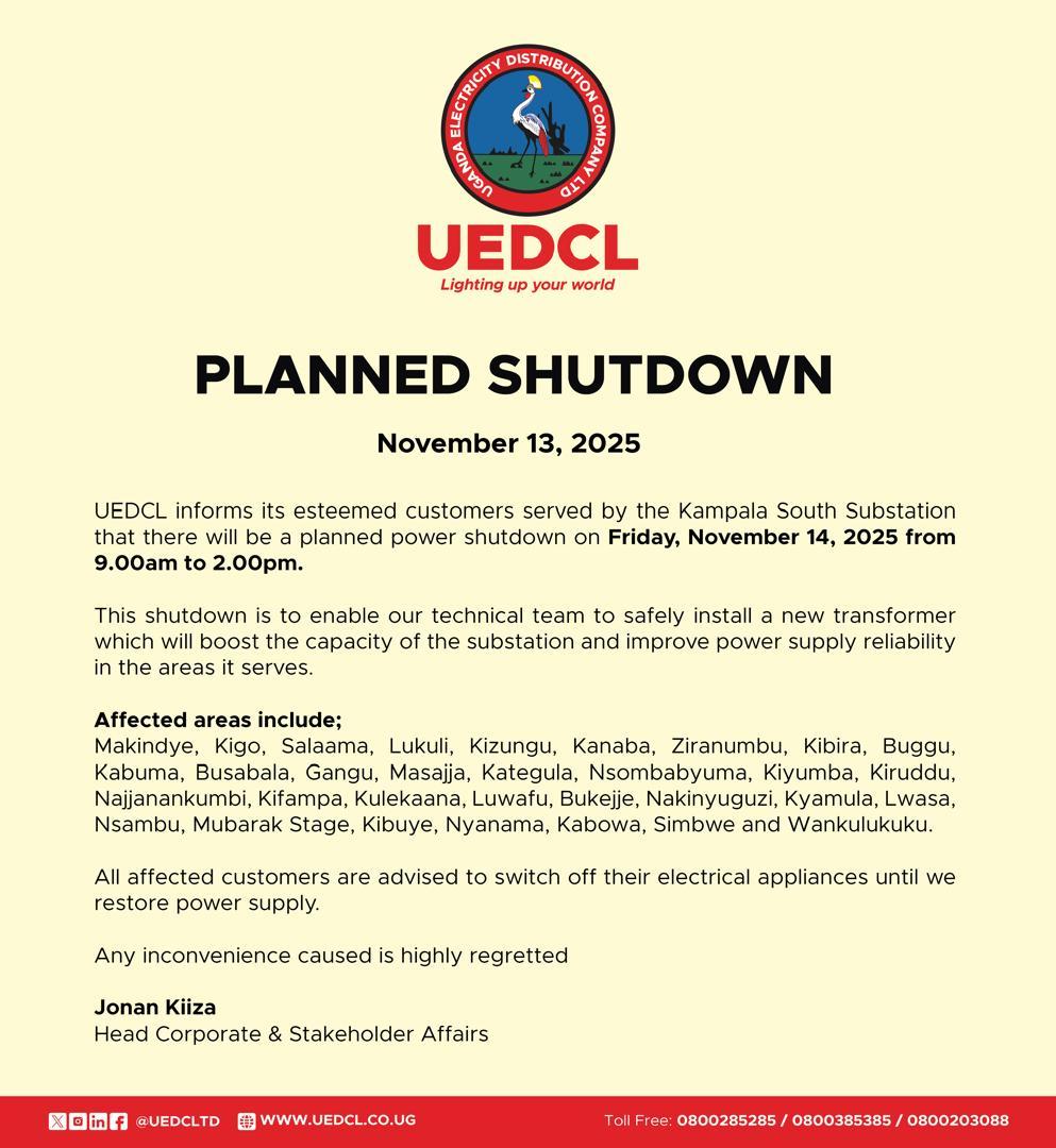 UEDCLSpox's tweet photo. #UEDCLSpoxUpdate : Our dear customers, take note of this interruption. We apologize and request you to be patient as upgrade the substation for improved quality of supply. JK https://t.co/S4N5pUNQk2