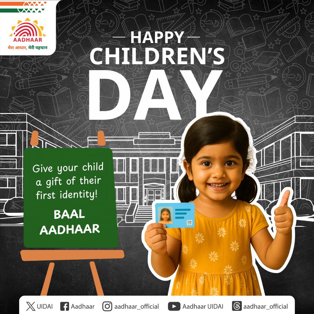 UIDAIBengaluru's tweet image. Strengthen your child’s future with a secure and trusted identity — Baal Aadhaar.
Happy Children’s Day to all our little stars!

#Aadhaar #HappyChildrensDay #ChildrensDay #BaalAadhaar