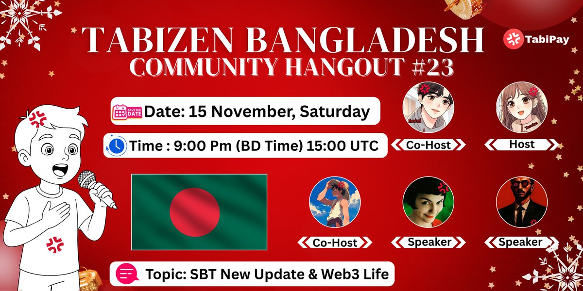 💢 Tabizen Bangladesh 🇧🇩 Community Twitter Space 💢
🗓️ Date: Saturday 15 November
🕘 Time: 9:00 PM (Bangladesh Time) | 3:00 PM (UTC)
👨‍💼 Host: <a href="/mitu159726/">Tasniya Ayat Mitu Tabi 💢</a>
🤝 Co-Hosts: <a href="/0xNovadust/">Novadust 💢</a> &amp;  <a href="/MdMonirulI60399/">Monirul Tabi 💢</a>
🎙️ Speakers: <a href="/SRYamin1/">S.R.Yamin 💢</a> &amp; <a href="/laceyk198277/">LACEY KATYRYNIUK Tabi💢</a> 
Join : x.com/i/spaces/1ZkJz…
<a href="/Tabizens/">Tabizen💢🏯</a>