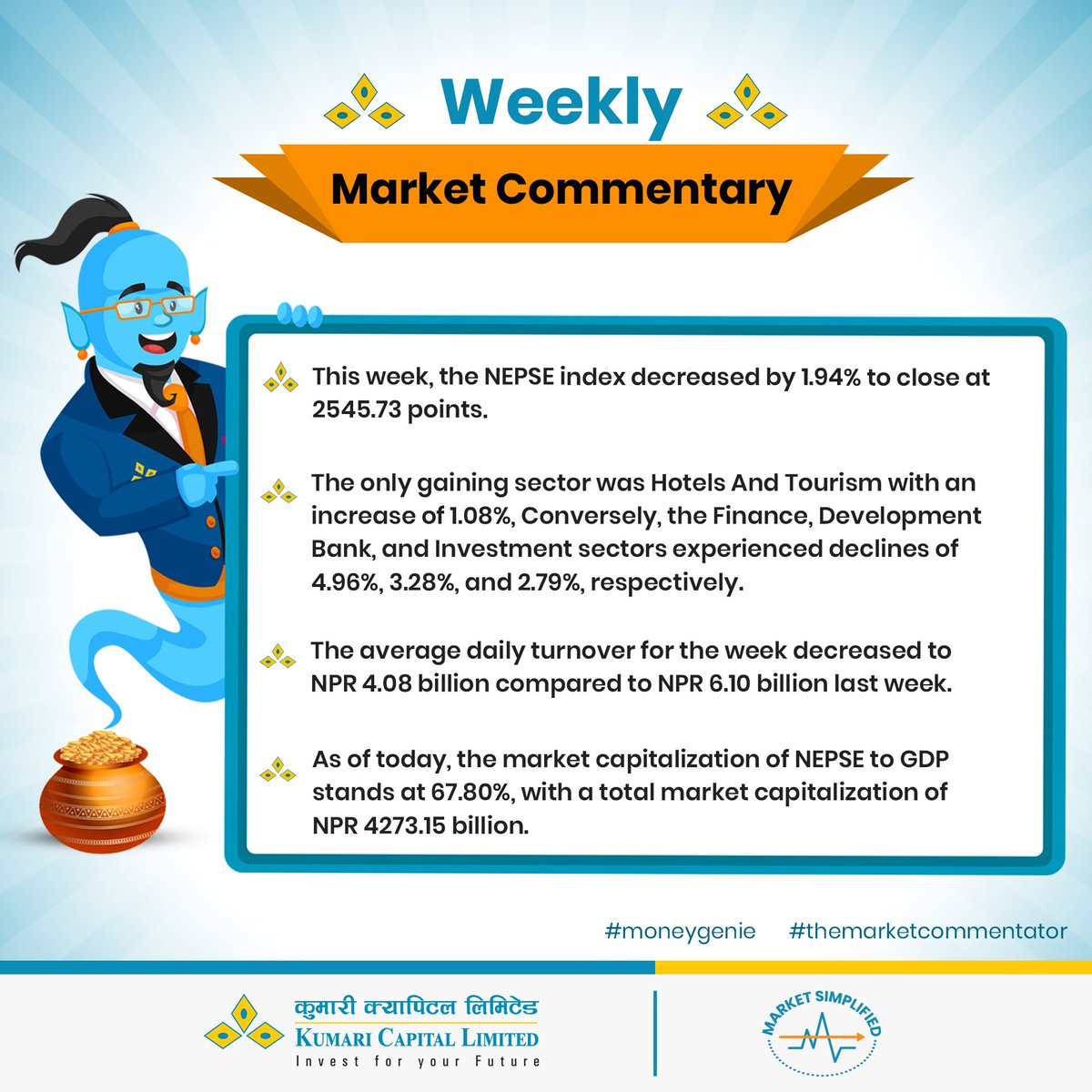 kumaricapital's tweet image. Weekly Market Commentary by Money Genie!
(As on Kartik 28, 2082 B.S.)

#MarketSimplified #marketcommentary #MoneyGenie #KumariCapital #investforyourfuture