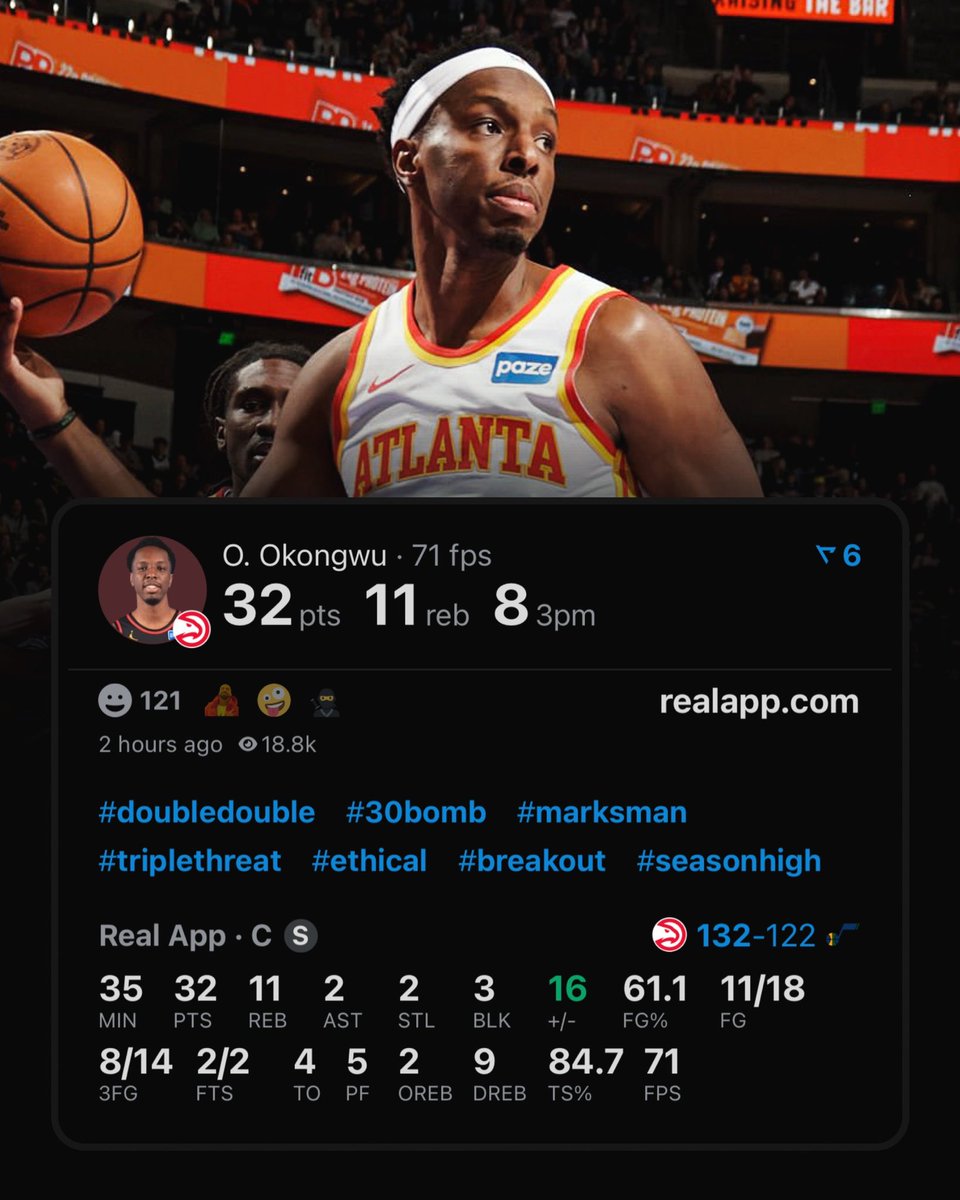 Onyeka Okongwu just hit the most threes by a center in Hawks history.