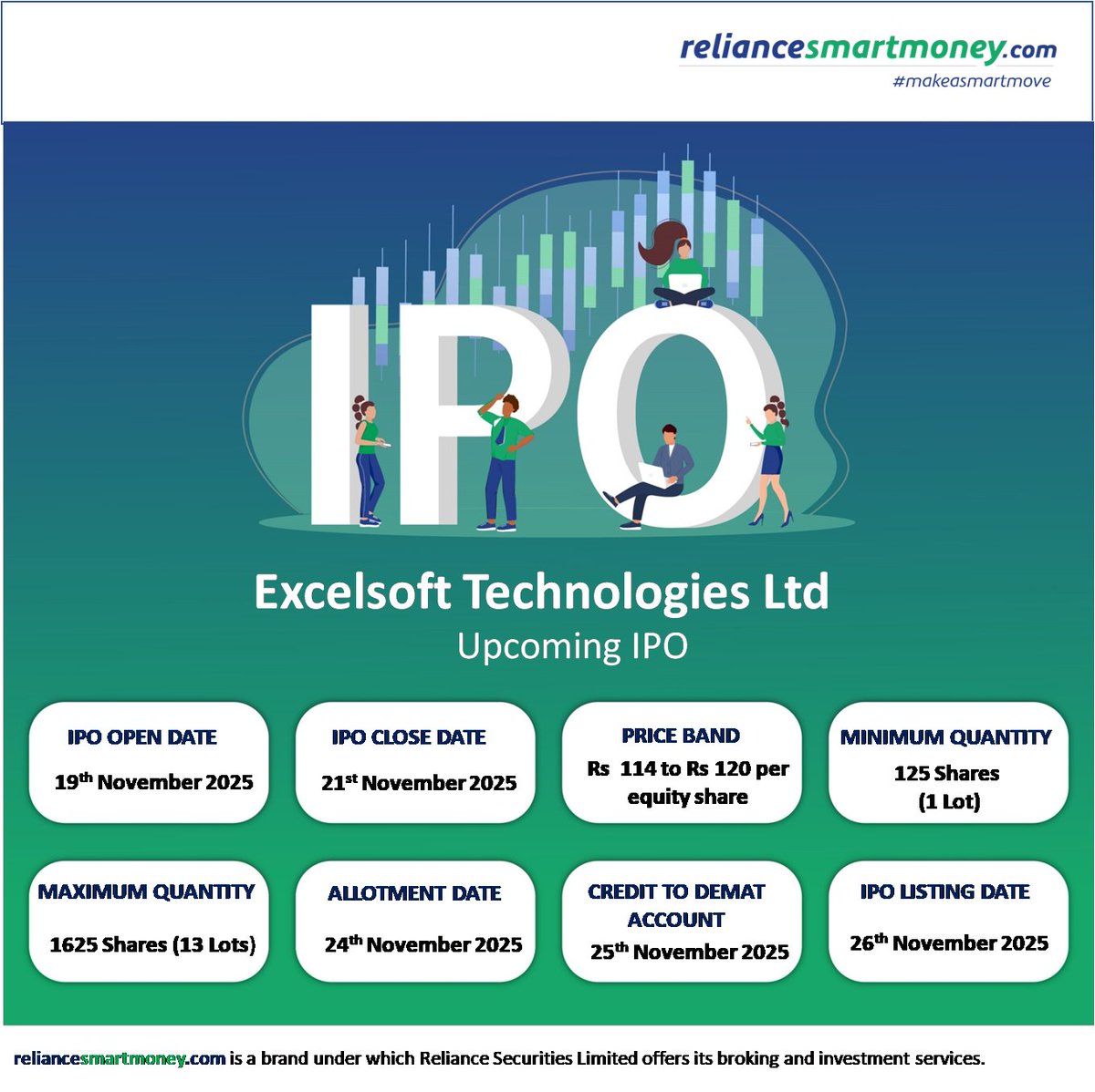 Indusindsec's tweet image. The upcoming IPO of Excelsoft Technologies Limited goes live on 19th November 2025 - don't miss this opportunity to invest smart with Reliance Smart Money!