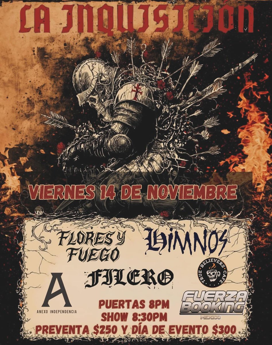 Este viernes 14 de noviembre en el escenario de Anexo Independencia se llega un gran cartel para aprovechar.
Desde Barcelona, España: La Inquisición.
Bandas invitadas:
Flores y Fuego 
Himnos
Filero.

8:00 PM

#RadioSubterránea