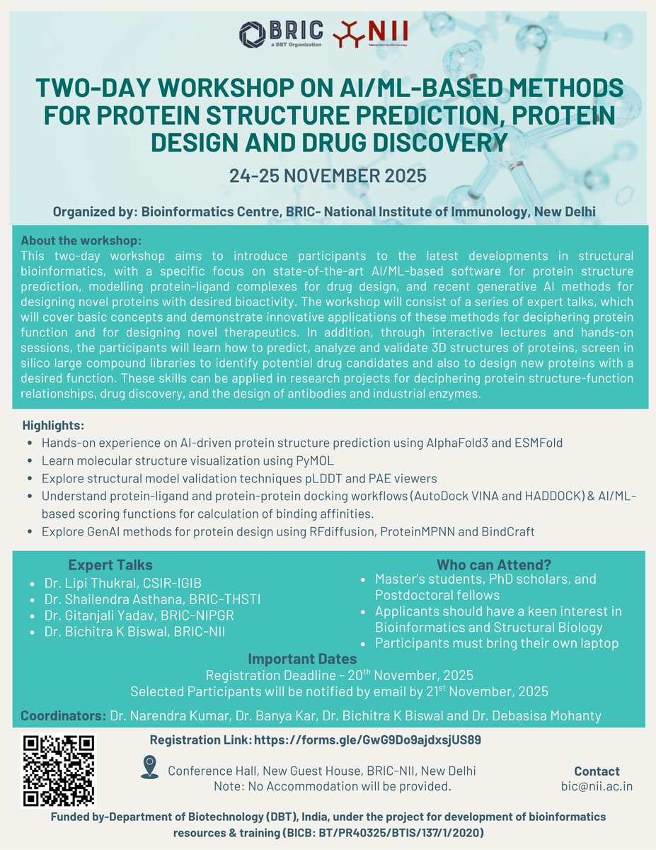 🚀 Registrations Open!

Join us for the Two-Day Workshop on AI/ML-based Protein Structure Prediction, Protein Design &amp; Drug Discovery at BRIC–NII, 24–25 Nov 2025!

Hands-on sessions on AlphaFold3, ESMFold, docking, GenAI protein design &amp; more.

🔗 Register now: