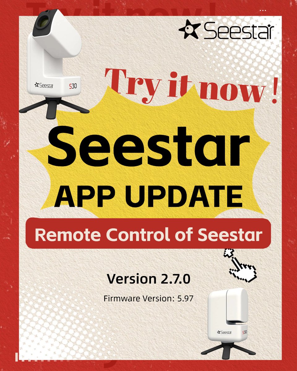 Seestar_astro's tweet image. 🚀 Seestar App Update v2.7.0 is Here!
✨ What’s New
Telescope Network is now live — you can remote-control your Seestar from anywhere.
Lets try the new remote control feature!
Tell us what you think — we’d love to hear your first impressions!
#Seestar #AppUpdate #RemoteControl
