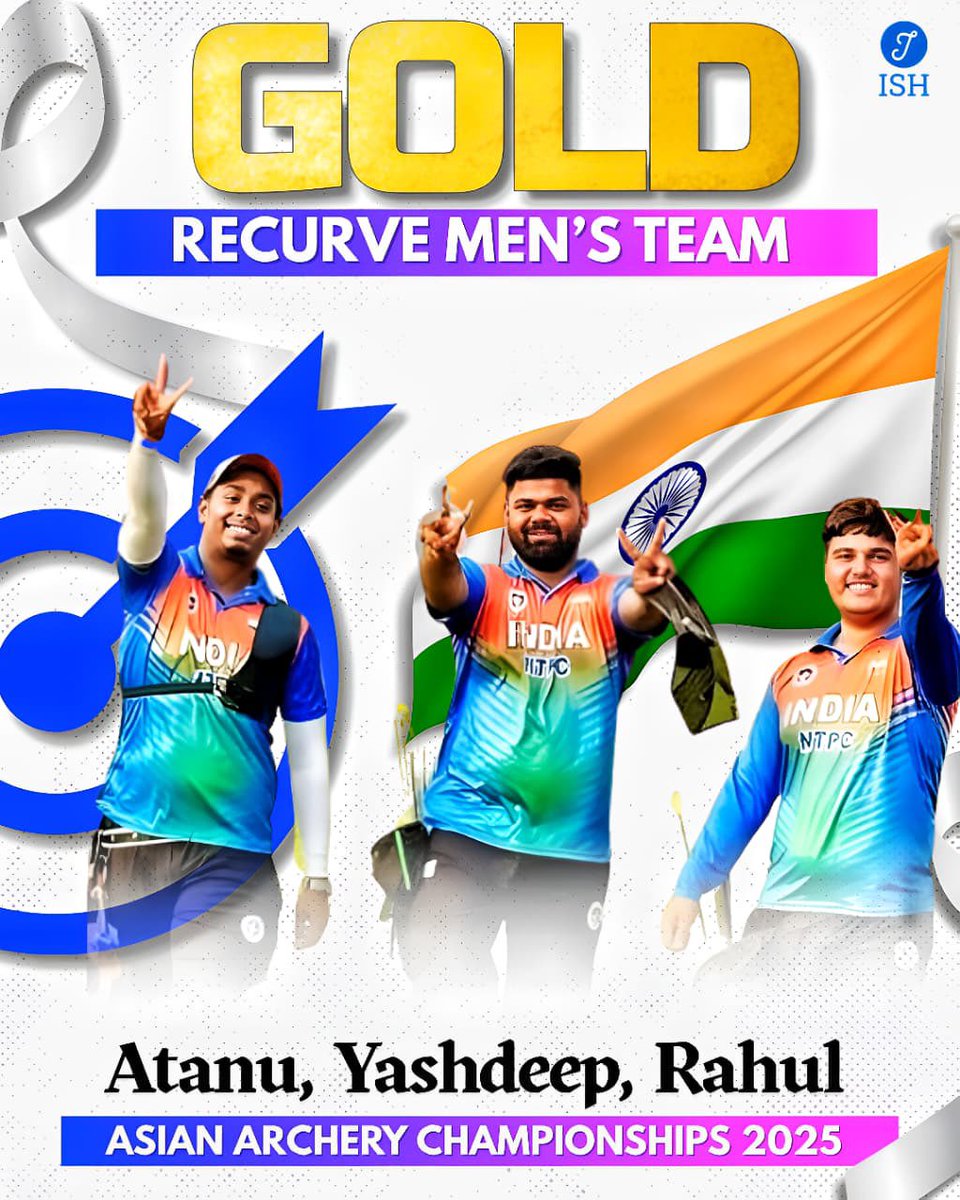 🏹 INDIA SHOCK SOUTH KOREA! 🇮🇳🔥

India beat archery giants South Korea 5–4 to win Men’s Recurve Team Gold at the Asian Archery Championships 2025!

Sets: 56–56, 51–56, 57–57, 57–53
Shoot-off: India take it with a closest-to-centre 10!

🇰🇷 Korea hadn’t lost this title since 2013.