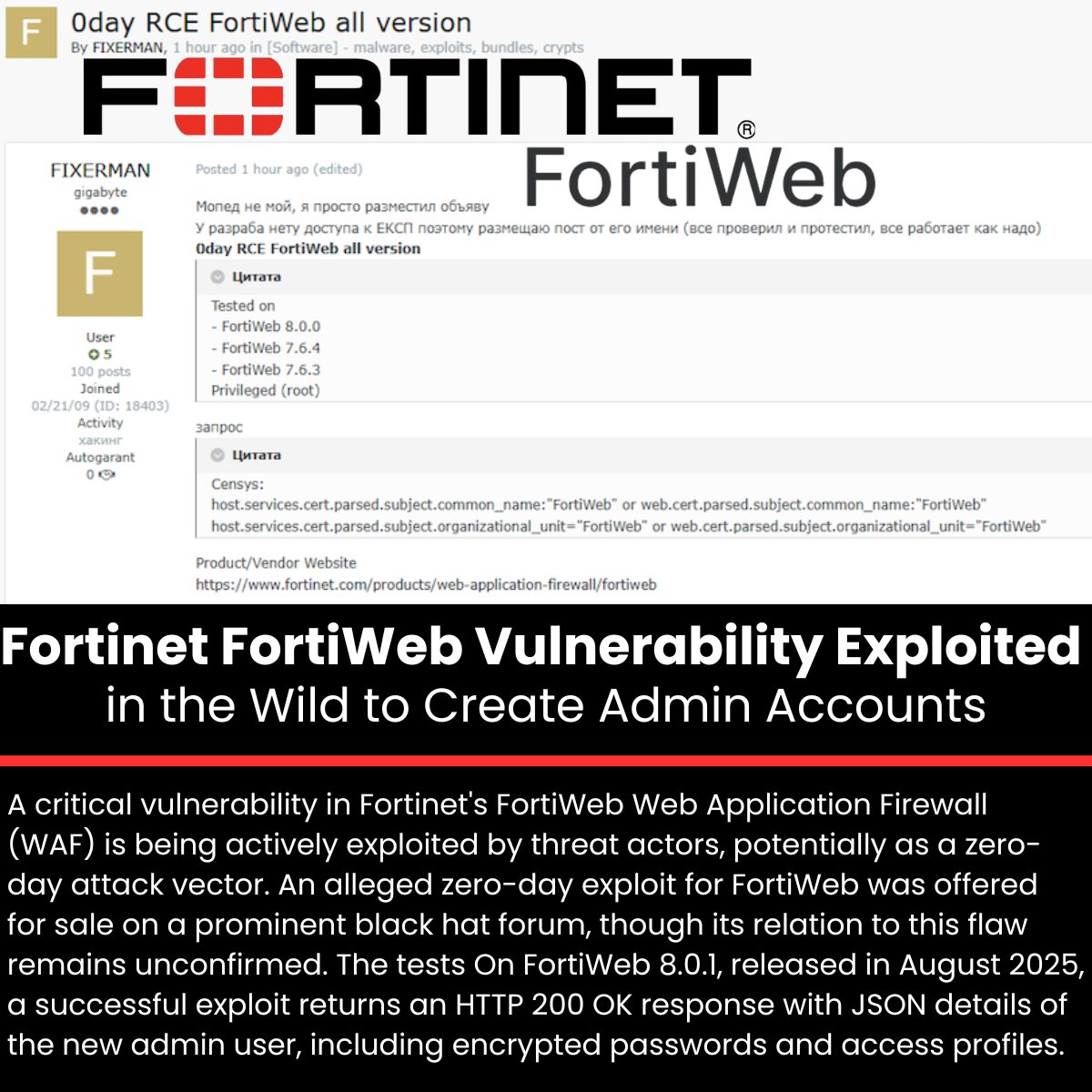 🚨 Critical Fortinet FortiWeb Vulnerability Exploited in the Wild to Create Admin Accounts 

Read more: cybersecuritynews.com/fortinet-forti…

A critical vulnerability in Fortinet's FortiWeb Web Application Firewall (WAF) is being actively exploited by threat actors, potentially as a zero-day