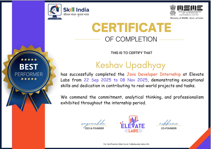 gitKeshav11's tweet photo. I’ve successfully completed my Java Developer Internship at Elevate Labs, recognized as the Best Performer 🏆
These past weeks have been a journey of continuous learning — from mastering core Java concepts and real-world project development to enhancing my problem-solving . https://t.co/Qu5A6iD09l