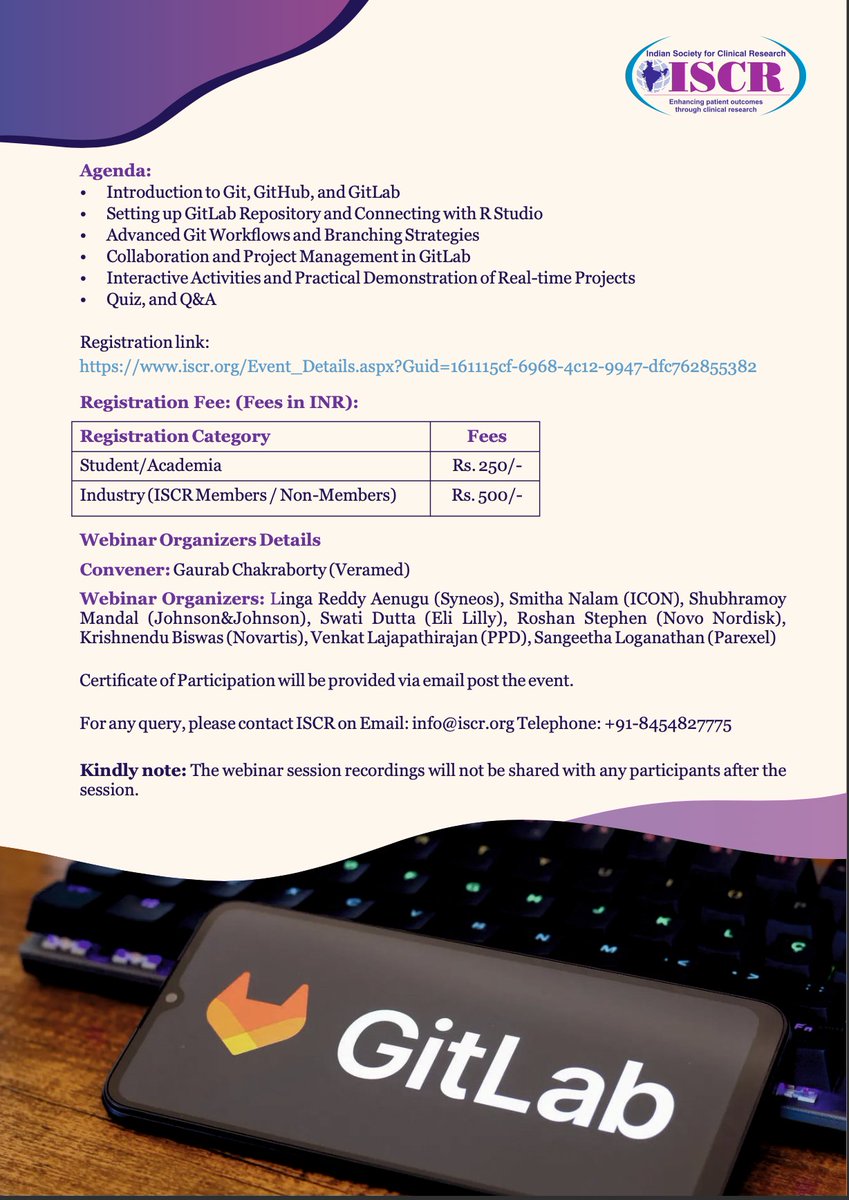 iscrindia's tweet image. Mastering Git and GitLab for Clinical Research: From Basics to Advanced Workflows

📅 Thursday, 11th December 2025
🕑 09:30 AM – 1:00 PM 
🔗 Register Link: lnkd.in/g_5YCUuS

For further queries, reach out to info@iscr.org 

#ISCR #Git #GITlab #clinicalresearch