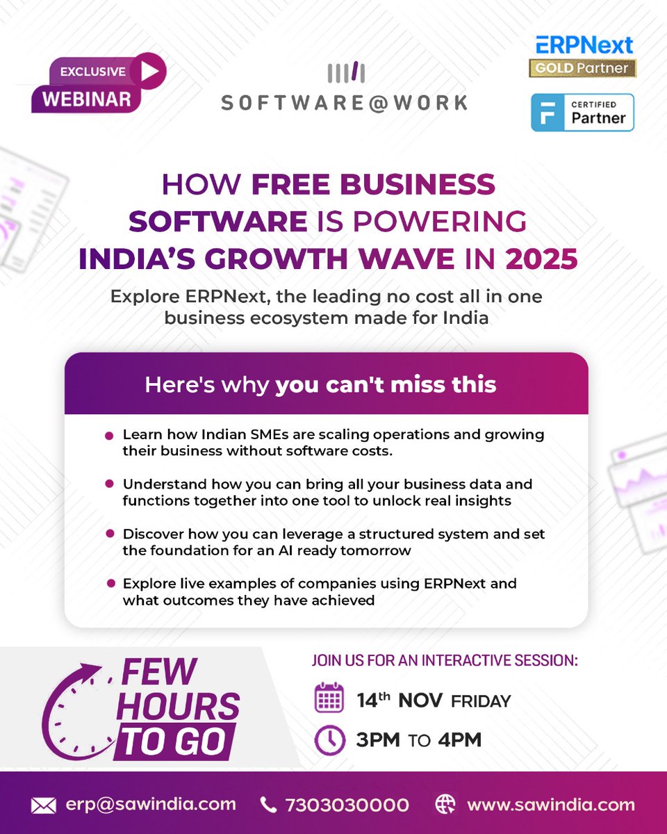 SoftwareAtWork's tweet image. 🚨 Last Chance to Join 🚨 
Discover how India’s smartest SMEs are cutting costs &amp;amp; scaling fast using free open-source tools. Don’t miss out!
👉 Few hours left! Join the webinar → us06web.zoom.us/webinar/regist…