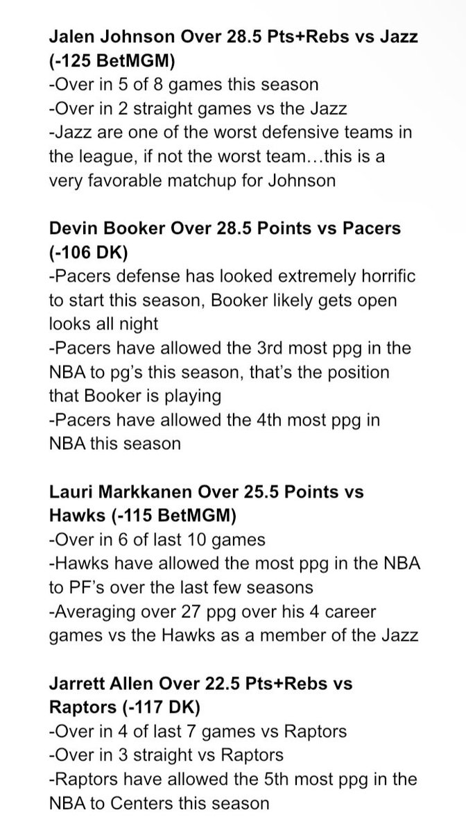 Another Winning Day🔥🔥

November 13th NBA Player Props Recap🔥🔥

Jalen Johnson Over 28.5 Pts+Rebs✅

Devin Booker Over 28.5 Points✅

Lauri Markkanen Over 25.5 Points✅

Jarrett Allen Over 22.5 Pts+Rebs❌

3-1 Day🔥

20-11 NBA Run🔥

Likes, Follows, &amp; RT’s Appreciated‼️