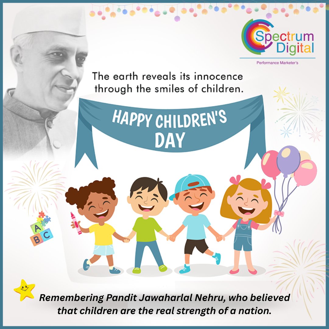 Spectrum_Digit's tweet image. Every child’s smile makes the world brighter. 🌈✨
Let’s celebrate the joy, innocence &amp;amp; dreams that make childhood magical. 💫

Wishing everyone a Happy Children’s Day! 👧👦

#ChildrensDay #PanditNehru #JoyOfChildhood #SpectrumDigital