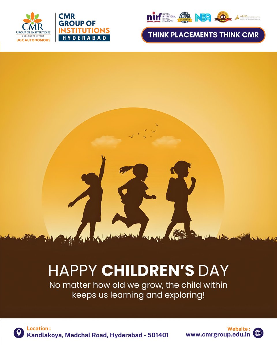 Happy Children’s Day from CMR Group of Institutions! 🌟
Today, we celebrate the bright minds, big dreams, and pure joy that children bring into this world. 💛

At CMRGI, we believe every child is a spark of creativity, curiosity, and endless possibilities. 🔥
#cmrgi #hyderabad