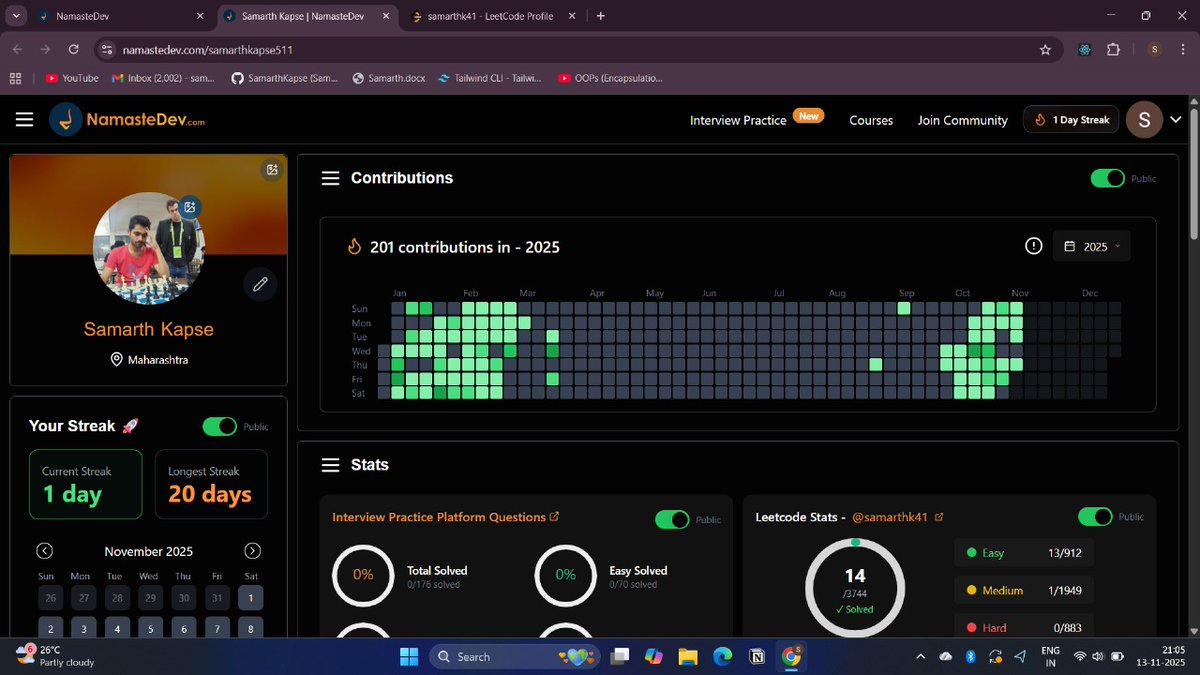 samarthkapse41's tweet image. 💻 Completed Arrays Module – Namaste Dev DSA 🚀
Finished the Arrays module from Akshay Saini’s course! 🙌
Learnt fundamentals, solved tricky problems &amp;amp; now confidently tackling LeetCode questions.
Next up: Recursion 💪
Thanks @AkshaySaini 🔥
#DSA #NamasteDev #leetcodeprogress