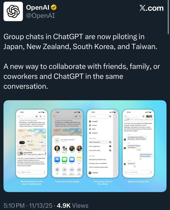 Is OpenAI slowly building the everything app for daily life?

Group chats with humans and AI in one place feel like the first real step. Planning, debating, coordinating, creating, all inside a single thread.

This rollout looks small on paper but the direction feels massive.