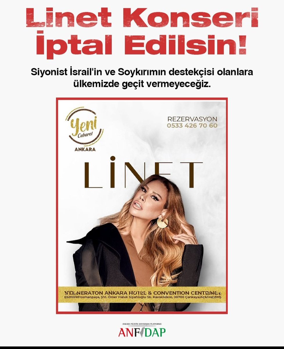 📌 LİNET KONSERİ İPTAL EDİLSİN❗️

Uluslararası ceza mahkemesinin soykırımcılar ve onların destekçilerini yargılandığı bir dönemde onlara destek amacı taşıyan hiçbir faaliyete müsaade edilmemesi gerekir.
♦️
 İlgili kurumlarımızdan Linet konserini iptal etmelerini bekliyoruz.

♦️