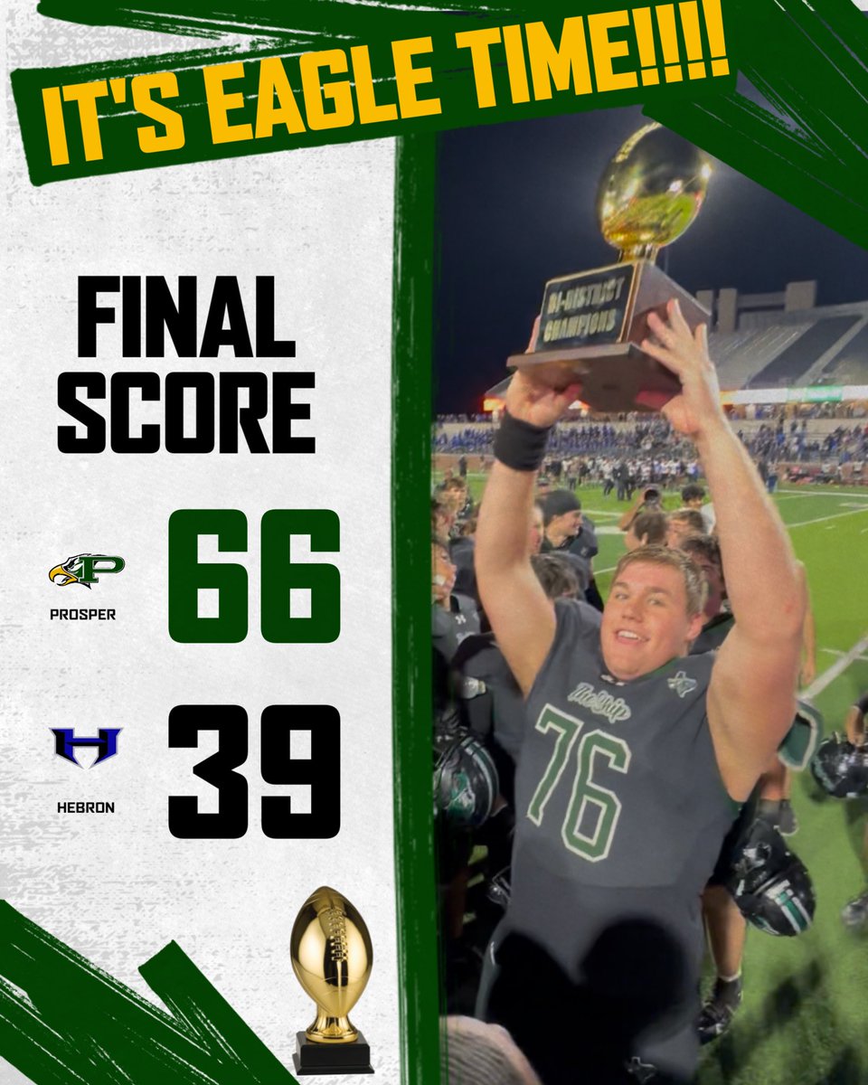ProsperEaglesFB's tweet photo. 🦅 ROUND ONE: DOMINATED.
The Prosper Eagles didn’t just punch their ticket, they kicked the door wide open and announced that the Showdown Season has officially awakened. Under the brightest lights, these guys rose higher than ever!

Prosper – 66 🏆
Hebron– 39
📸 @Blaze_of_Joy https://t.co/BCBF3OHQVZ