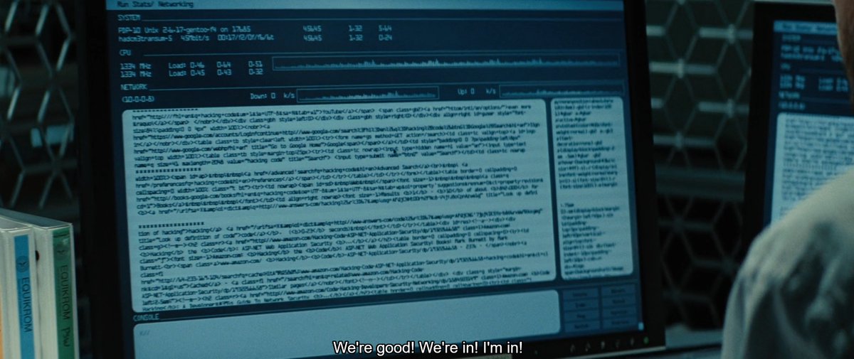 i_zzzzzz's tweet image. Watching Tony Gilroy&apos;s Duplicity and the code that appears on the screen of a hacker character when he says &quot;I&apos;m in!&quot; is the HTML source of the Google results page for the search term &quot;hacking code&quot;